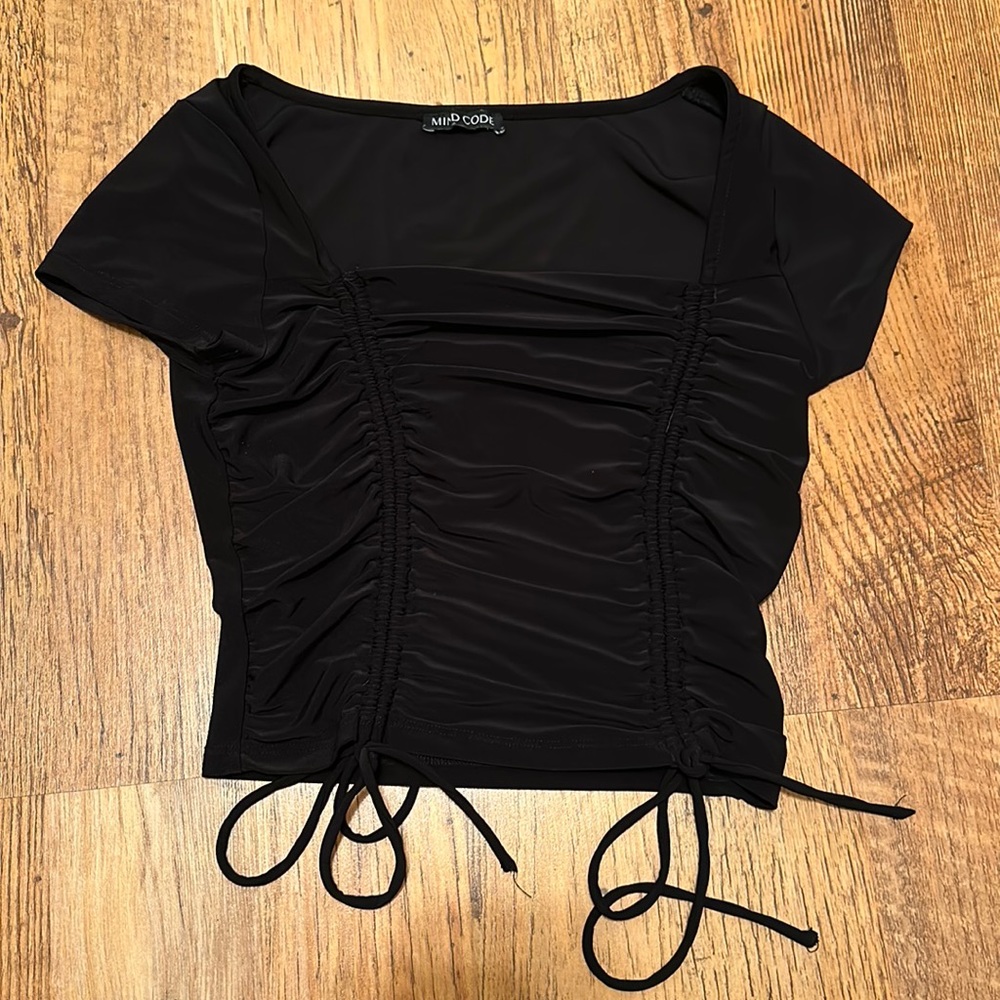Mind Code Square Necked Black Top with Cinched Front